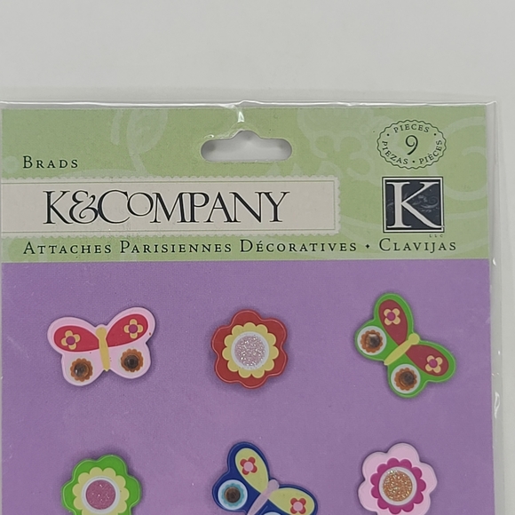 K&Company Brads Butterfly and Flowers Brads 9 pcs Bugs Spring Summer Brads - Picture 6 of 8